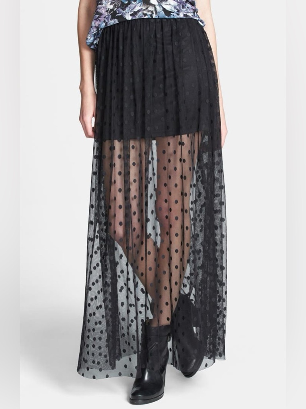 Astr Black Sheer Polka Dot Maxi Skirt